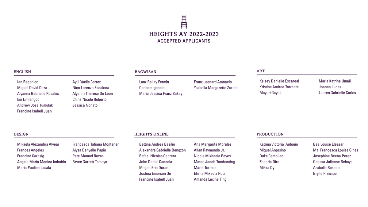 HEIGHTSAteneo's tweet photo. Congratulations to the newly accepted HEIGHTS members of A.Y. 2022-2023! We are looking forward to your journey with us. 💜 https://t.co/QLKZ6kCaGl