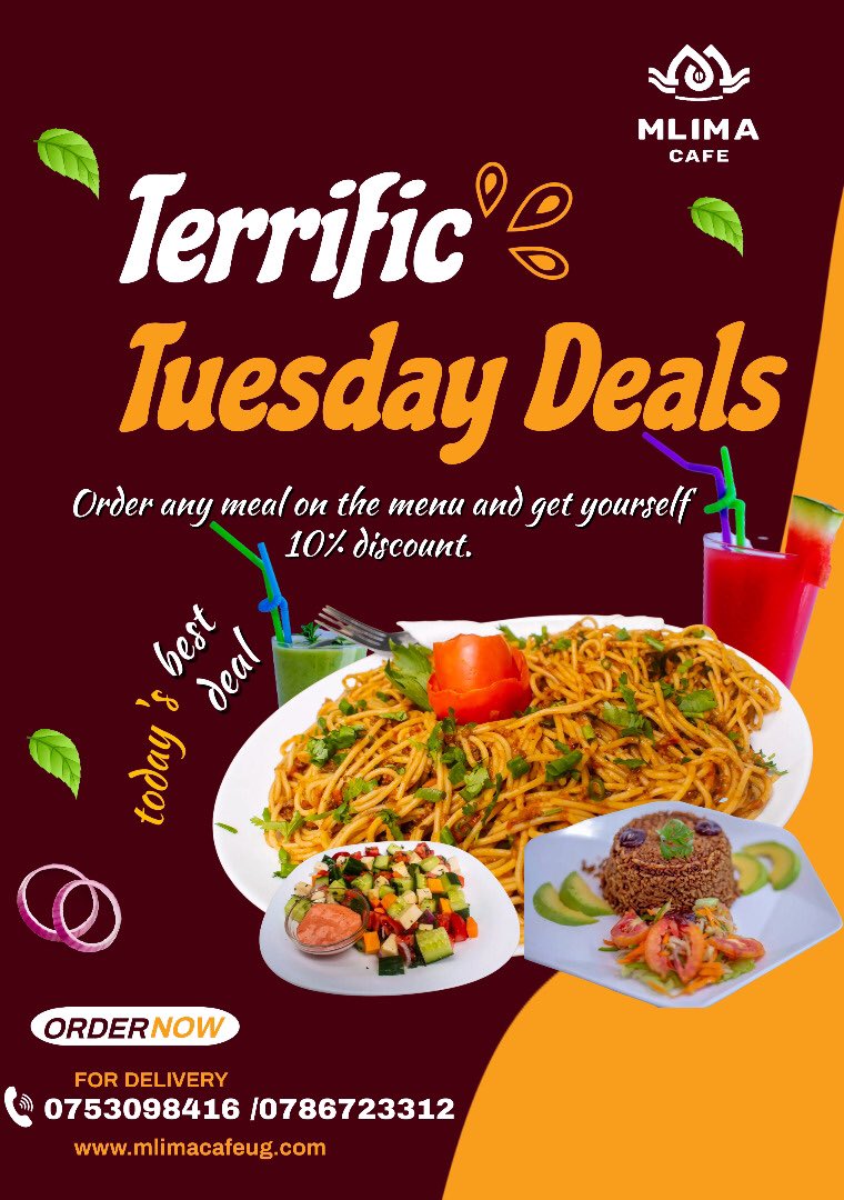 MlimaCafe's tweet photo. We have terrific Tuesday deals toy don’t want to miss out on 🤩. 

10% for every order you make, remember it comes with a free bottle of juice. 

Order now: https://t.co/QvSGVo2kE5 or call us directly on 0753 098416 | 0786 723312 

#MlimaCafe https://t.co/2sDbpQcVkm