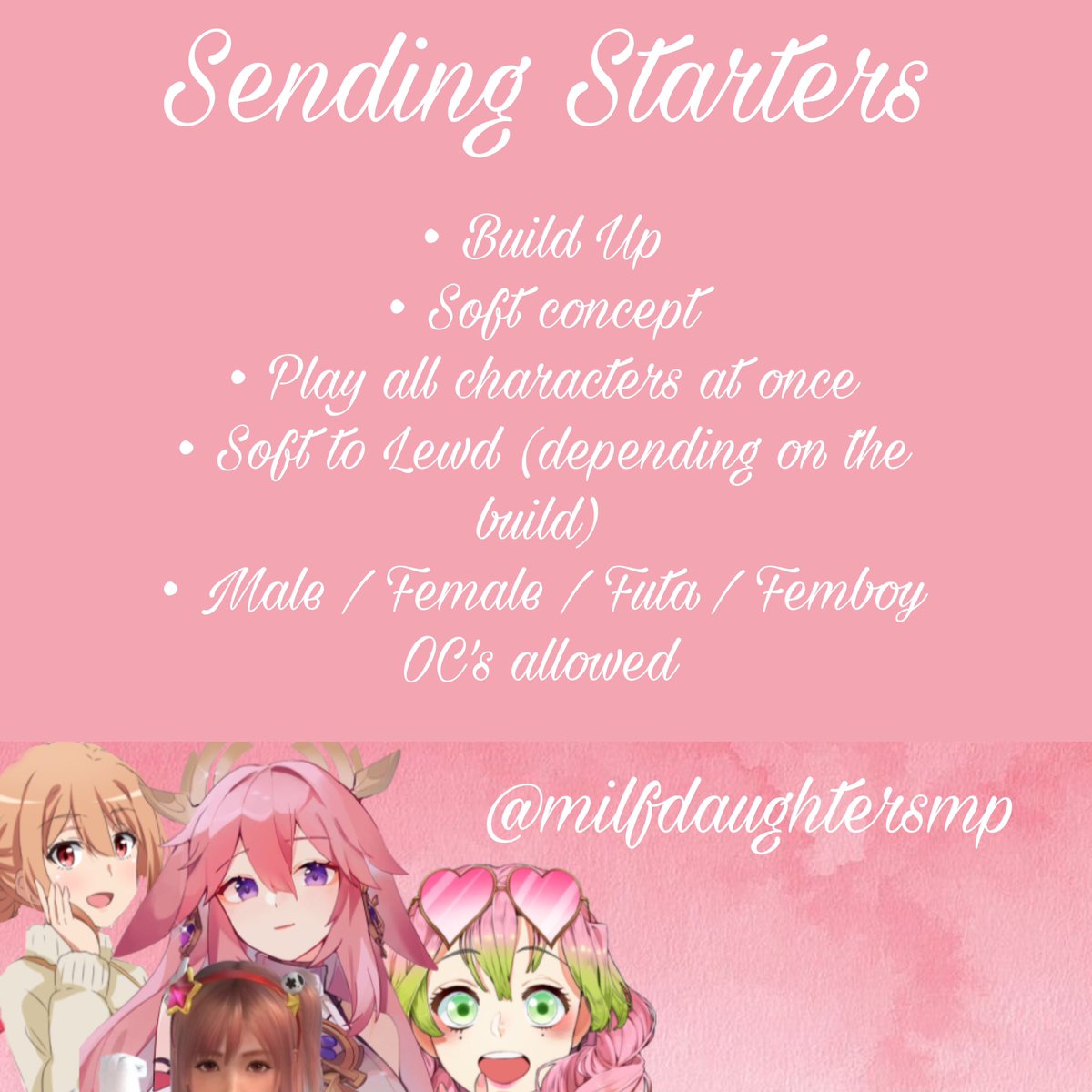 MilfDaughtersmp's tweet photo. • Sending Automatic starters out! Please consider a build up. That’s important to me! but either way! Don’t be afraid to let me know you want me to send a starter in for you💕 #rp #roleplay #OpenRP #SoftRP #LewdRP #ERP #nsfwxRolePlay #RP https://t.co/bu7dYZffCb
