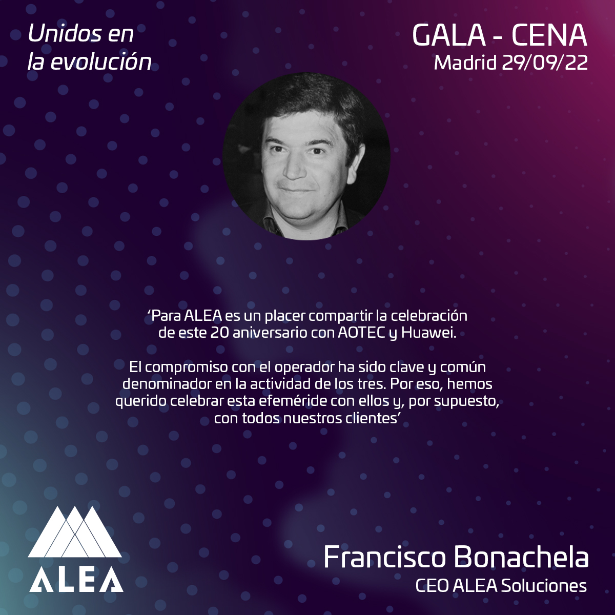 AleaSolucionesS's tweet photo. Sólo quedan 9 días para celebrar el 20 aniversario conjunto de @AleaSolucionesS, @aotec_es y
@HuaweiEmpresas. Una fecha que queremos que quede en el recuerdo como señal de la unión y el compromiso por el desarrollo de nuestro sector. https://t.co/VxIAijV4LK
