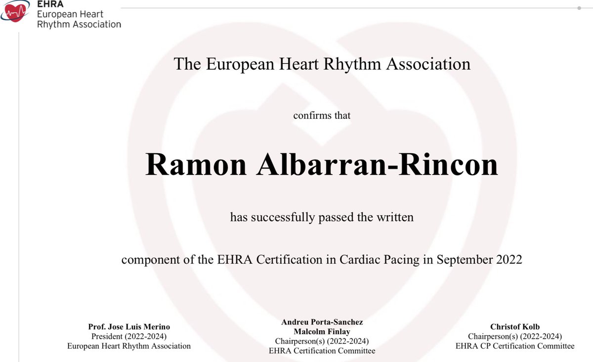 It has been product of efforts and dedication, specially thankful with my mentor <a href="/bayiron123/">Ignacio García-Bolao</a>, very lucked of having received his teaching! I've got the EHRA certification on Cardiac pacing 2022 🙏 #EPeeps