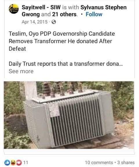 SlayShotit's tweet photo. Oyo APC made a big mistake for giving Teslim Folarin ticket from the start. 

The same Tessy that removes a transformer he donated to people because he no emerge in 2015 https://t.co/2k9oSw8bbr