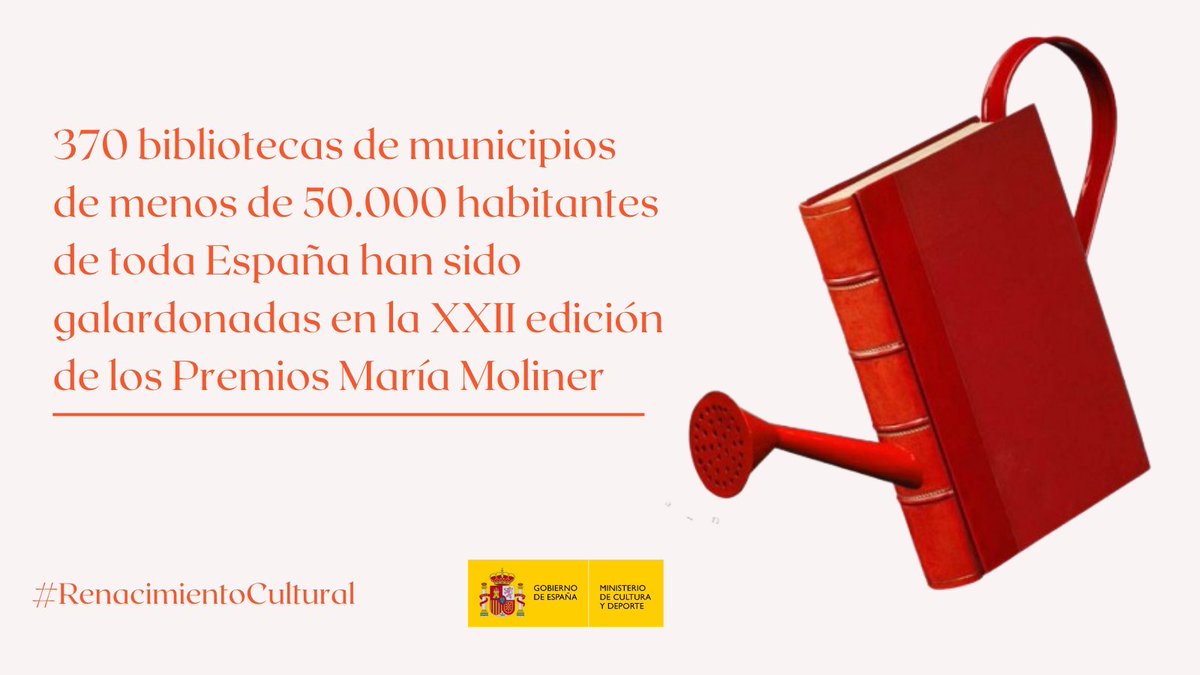 Ho han tornat a fer‼️
2 biblioteques de la Xarxa de Biblioteques de Mallorca premiades amb 2.777,27 euros a la "XXII edición de los Premios María Moliner de animación a la #lectura "
Enhorabona a Sineu i Binissalem!!
👏🏽👏🏽👏🏽🏆
#RenacimientoCultural 
➡️culturaydeporte.gob.es/cultura/libro/…