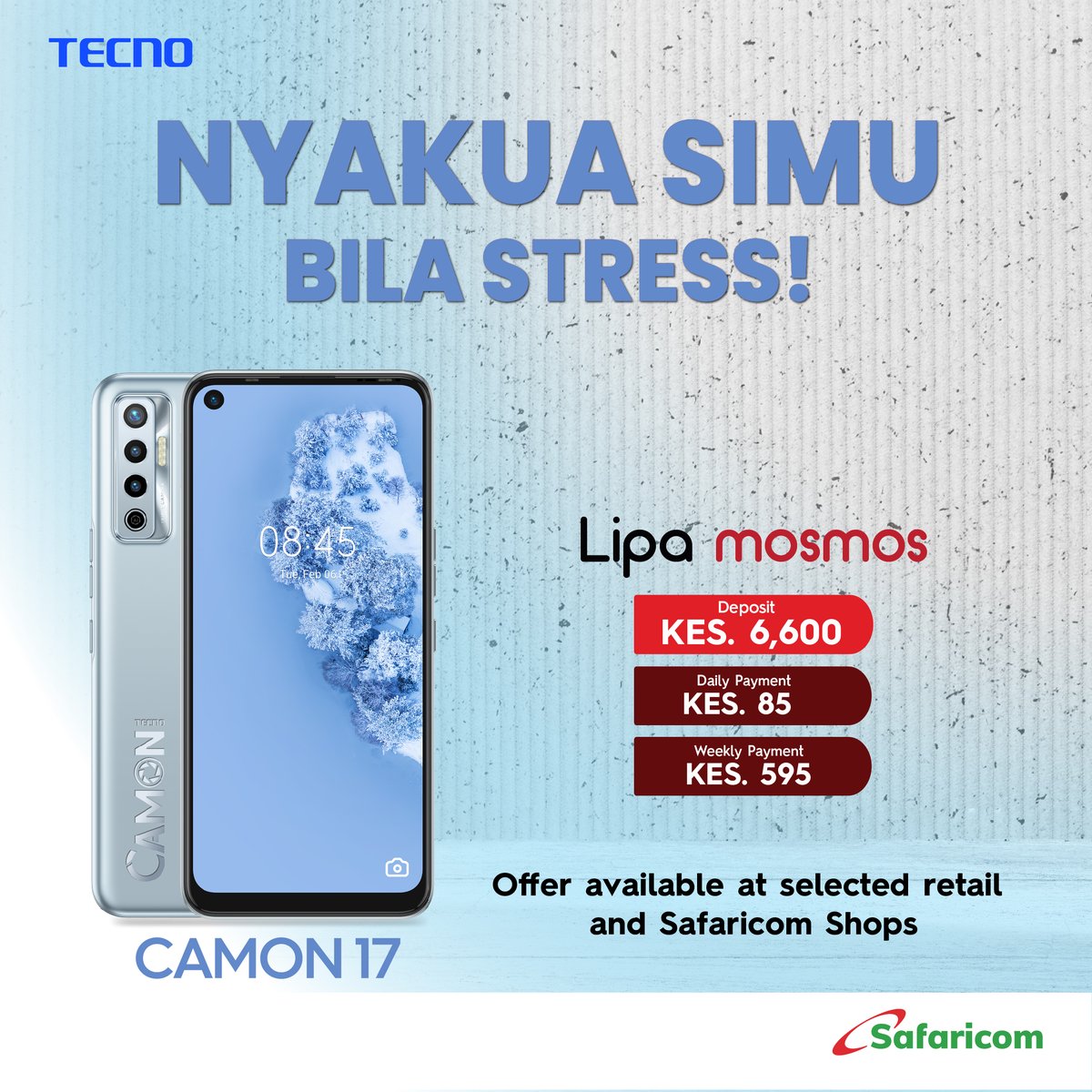 TECNOMobile254's tweet photo. Nyakua CAMON 17 and get to enjoy unbeatable payment deals. Lipa pole pole as you please. 
Deal is now available @SafaricomPLC  retail outlets countrywide.

#Tecno #CAMON17 https://t.co/4nrWrjEejX