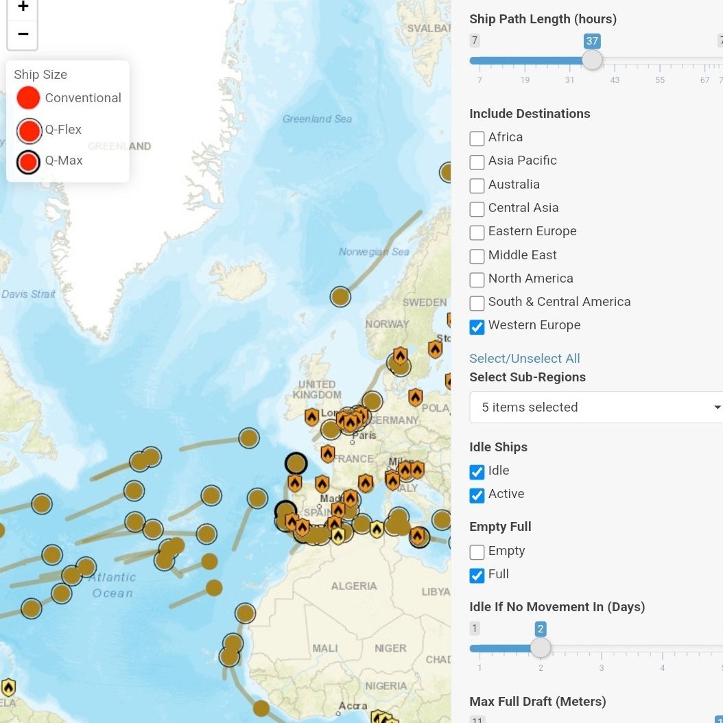 CharbonGaz's tweet photo. NOUVEAU RECORD pour la #transition 😃🌻

Le nombre simultané de méthaniers pleins à ras bord qui amènent du #gaz naturel liquéfié à l'Europe n'a jamais été aussi élevé (d'après nos relevés) 🙌🥳 https://t.co/dUTLelb8Nf