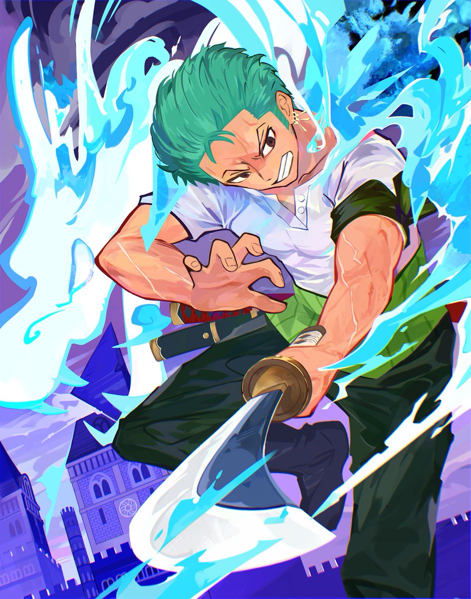 roronoa zoro weapon 1boy green hair male focus sword solo holding weapon  illustration images