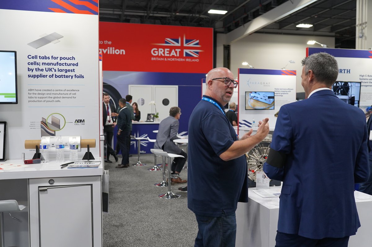 theapcuk's tweet photo. It was great to be back with the #UKPavilion at @thebatteryshow North America after 2 years! 🇺🇸

It was our biggest stand yet with 14 exhibitors flying the flag for the UK #battery capability &amp; a busy 3 days with lots of valuable conversations and strong interest. #thebatteryshow https://t.co/3DvitNFIIN