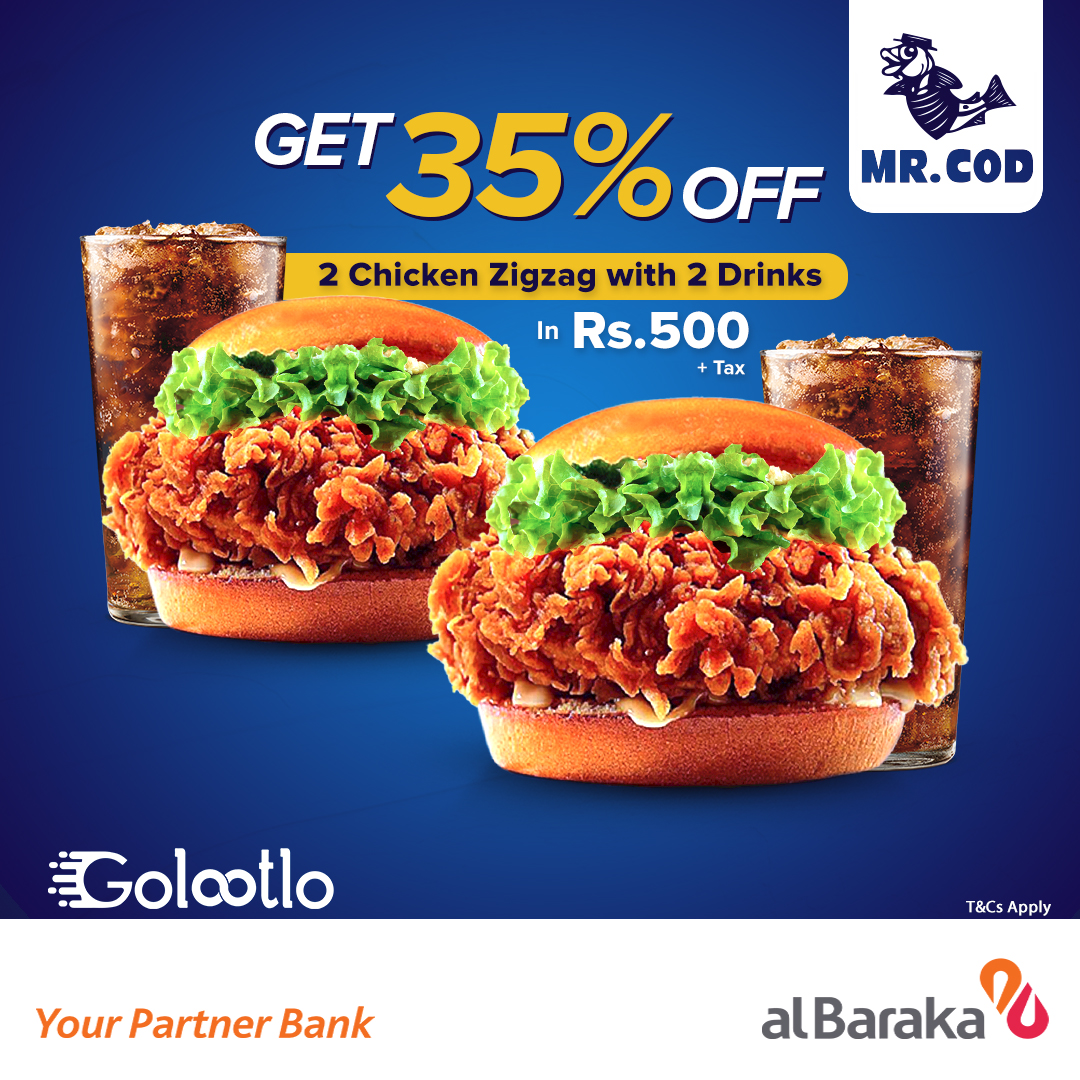 AlBarakaPak's tweet photo. Enjoy 35% off 2 Chicken Zigzag and 2 drinks at #MrCod (for only Rs. 500+ tax) with Golootlo. Experience the Baraka of savings with Your Partner Bank.
To learn more, visit: https://t.co/Hg6DLD2GF2 or call at 111-113-442
#AlBaraka #YourPartnerBank #TheGlobalIslamicBank #Golootlo https://t.co/XDSWSbC0WO