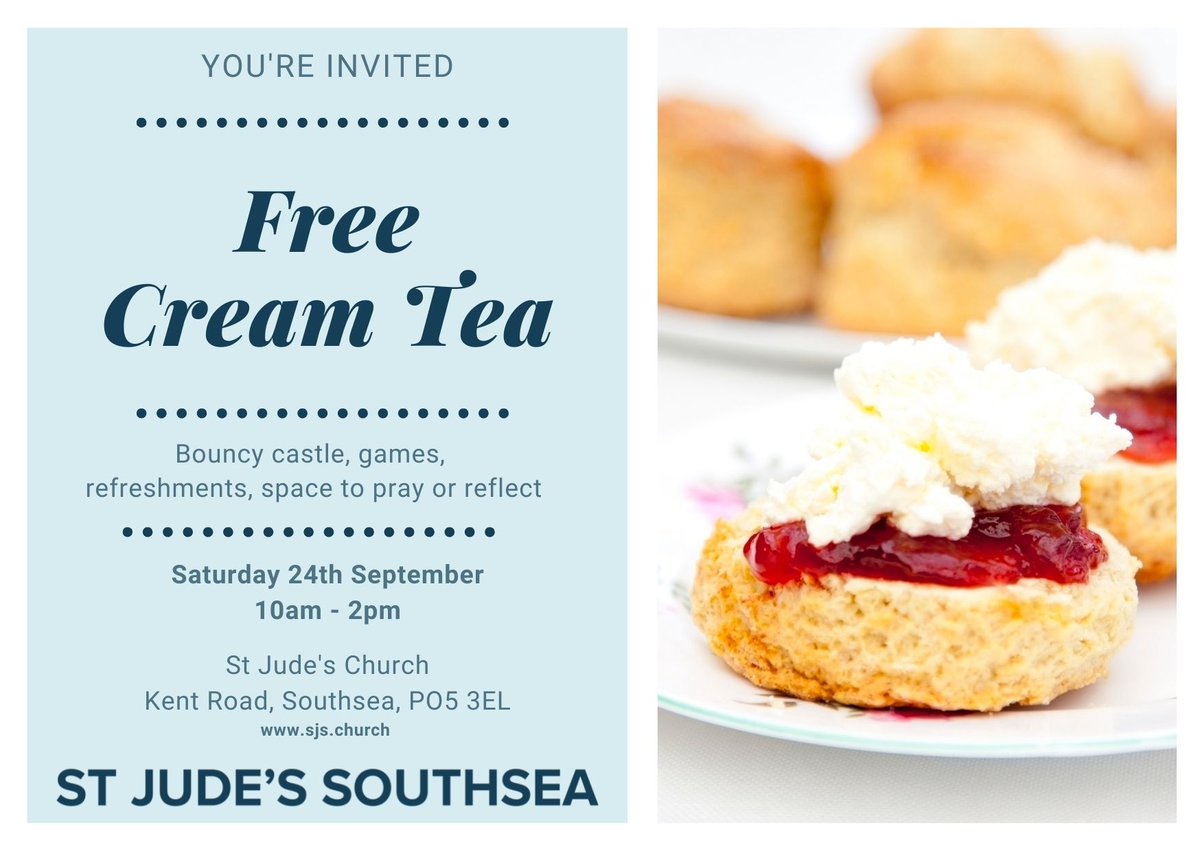 We're so excited to invite you to our free cream tea event - this Saturday from 10am - 2pm. All are welcome, and there is no need to book. There will be a bouncy castle, games, space to pray and reflect and LOADS of scones, cream and jam!
