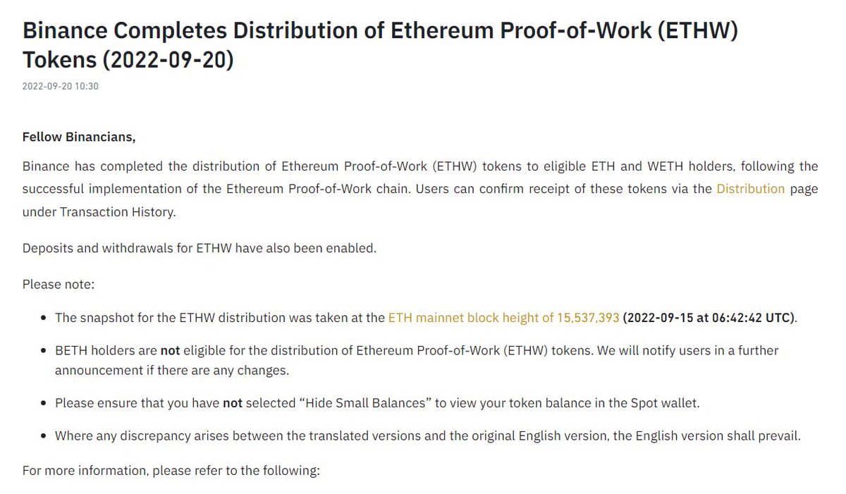 thisisksa's tweet photo. Binance has completed the distribution of Ethereum Proof-of-Work (ETHW) tokens to eligible ETH and WETH holders, following the successful implementation of the Ethereum Proof-of-Work chain.
https://t.co/lUch3AuMYE
.
.
.
#Binance #Etherum #EthereumMerge #Crypto #LearnWithKsa https://t.co/WVUPoxAZoa