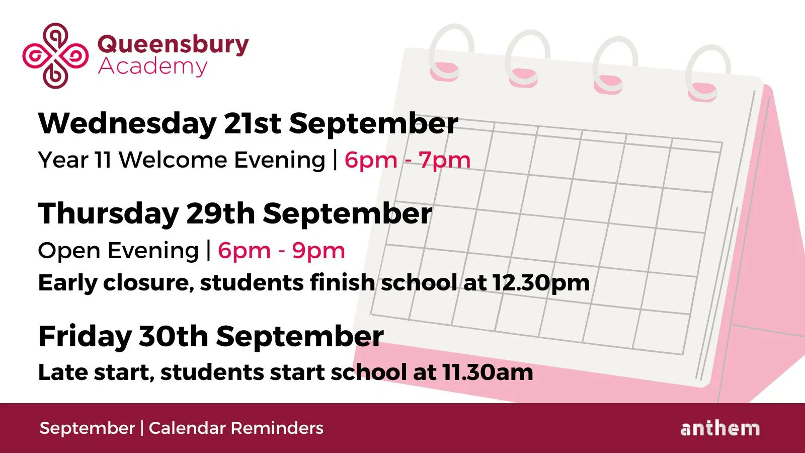 Queensbury Academy on Twitter "September Calendar Reminders Please