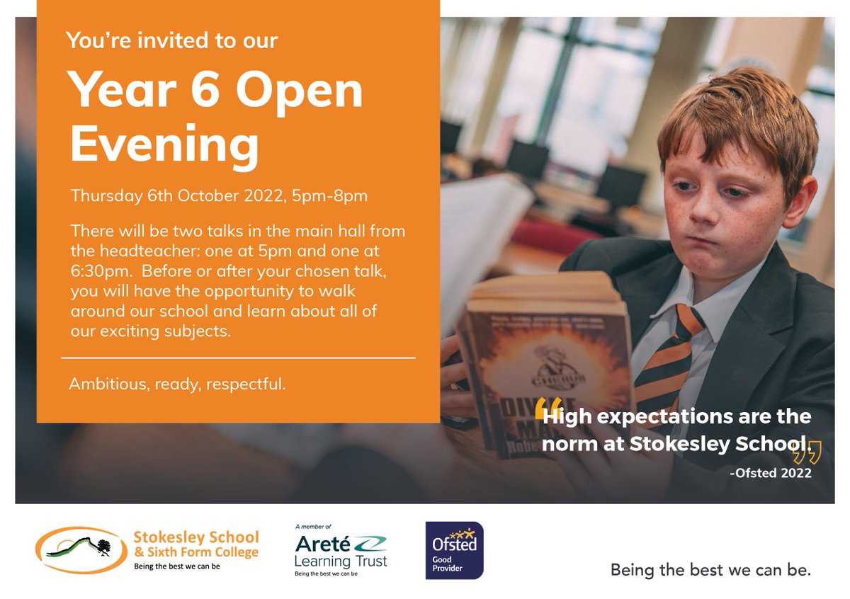 Arete_Stokesley's tweet photo. Come and join us for our Year 6 Open Evening in October to explore our school, learn about the exciting subjects we offer and hear from our headteacher. 

🗓️ Thursday 6th October 2022, 5pm - 8pm.

🔗 Find out more about our school: https://t.co/05LLZwm7jZ

#OpenEvening #EdChat https://t.co/mrYrZYYzYf