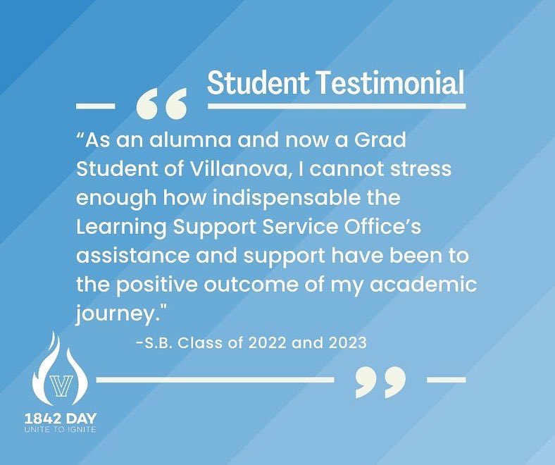 VillanovaLSS's tweet photo. How are you celebrating #1842Day? You can have a transformational impact on students by giving back to Learning Support Services today! Here are some testimonials from our students… Click the link in our bio to make a donation! https://t.co/qpKT8NBsoZ