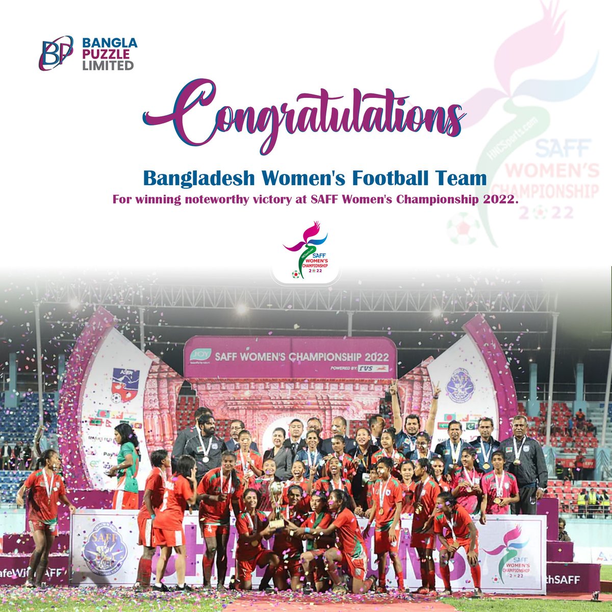 banglapuzzle's tweet photo. Congratulations Bangladesh Women's Football Team for winning noteworthy victory at SAFF Women's Championship 2022. https://t.co/VWVsW6eaRd