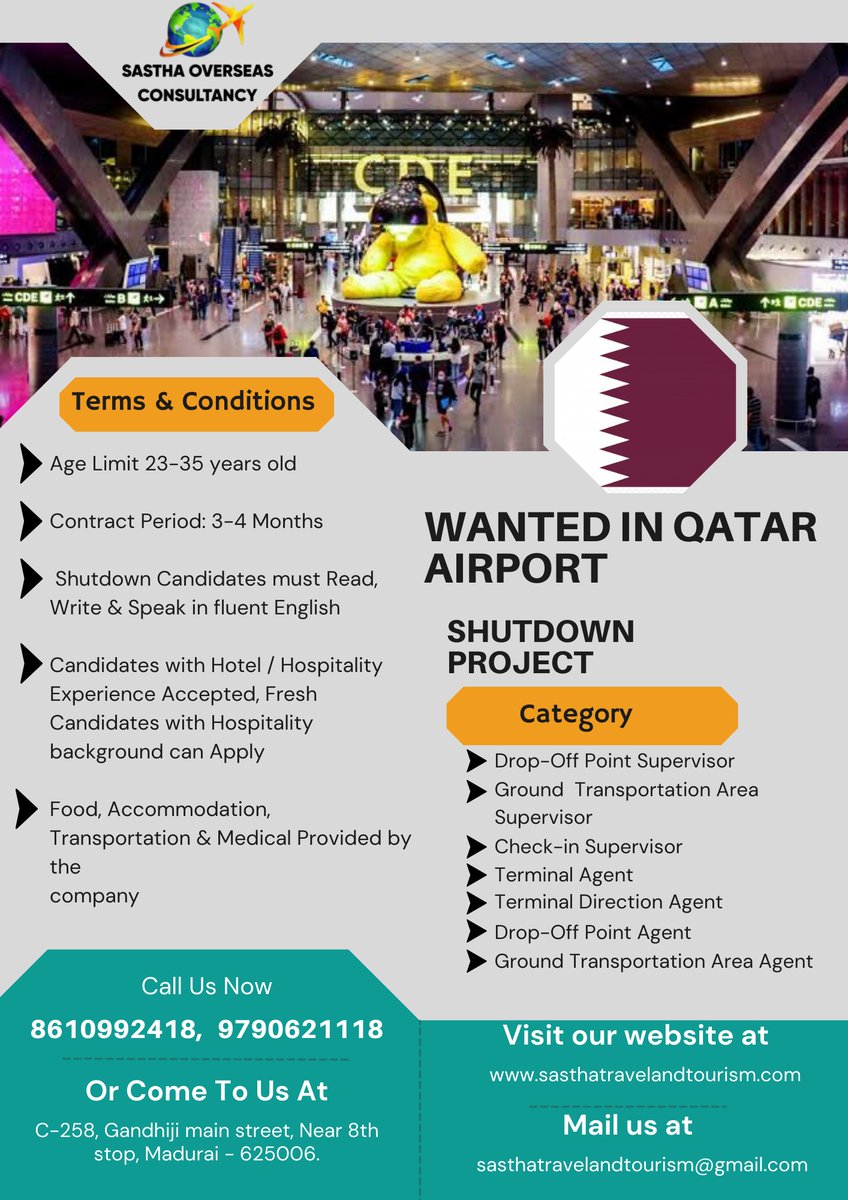 travel_sastha's tweet image. CARRIER OPPORTUNITY .Wanted in QUATAR Airport
Contact us for further details +91 86109 92418, +91 97906 21118
#dropoffpoint  #Supervisor #groundtransportation #areasupervisor #checkinsupervisor #terminalagent #terminaldirection  #Airport #Jobs