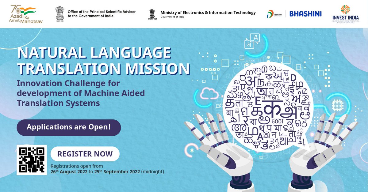 PrinSciAdvOff's tweet photo. The Innovation Challenge for Development of Machine Aided Translation Systems (ICMATS) will be accepting applications for 5 more days.

Apply now: https://t.co/ArhSTkNF4w

Read more about the #PMSTIAC mission: https://t.co/TSmoNreMft

@GoI_MeitY @_DigitalIndia @investindia https://t.co/aL5hZOqPjl