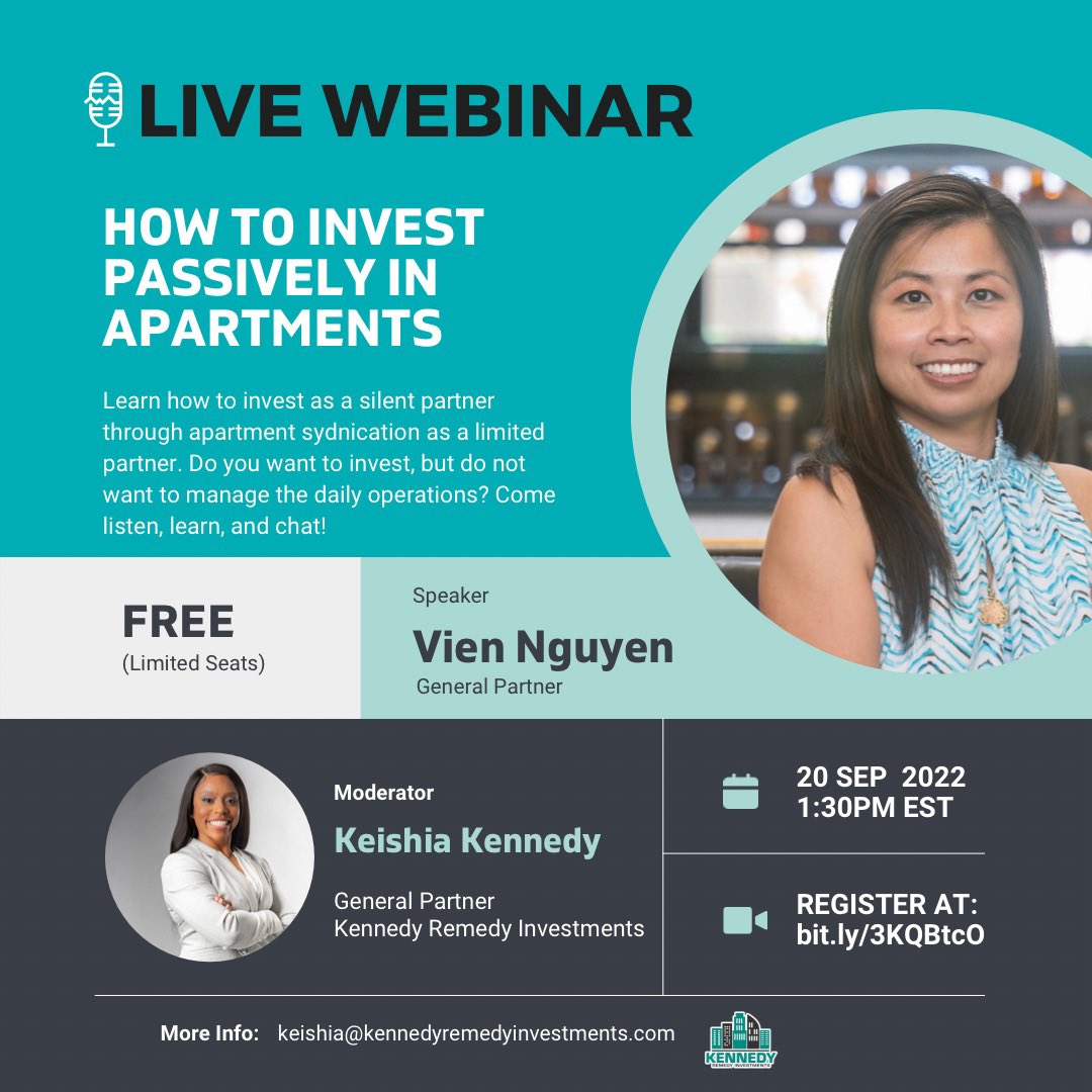 Today LIVE FREE webinar on how to invest in apartments passively  

#investor #FinancialFreedom #livewebinar #wealthbuilding #passiveincome #investinrealestate #apartmentinvestor #apartmentsyndication #buildingwealth #educationalwebinar #realestateinvesting #invest