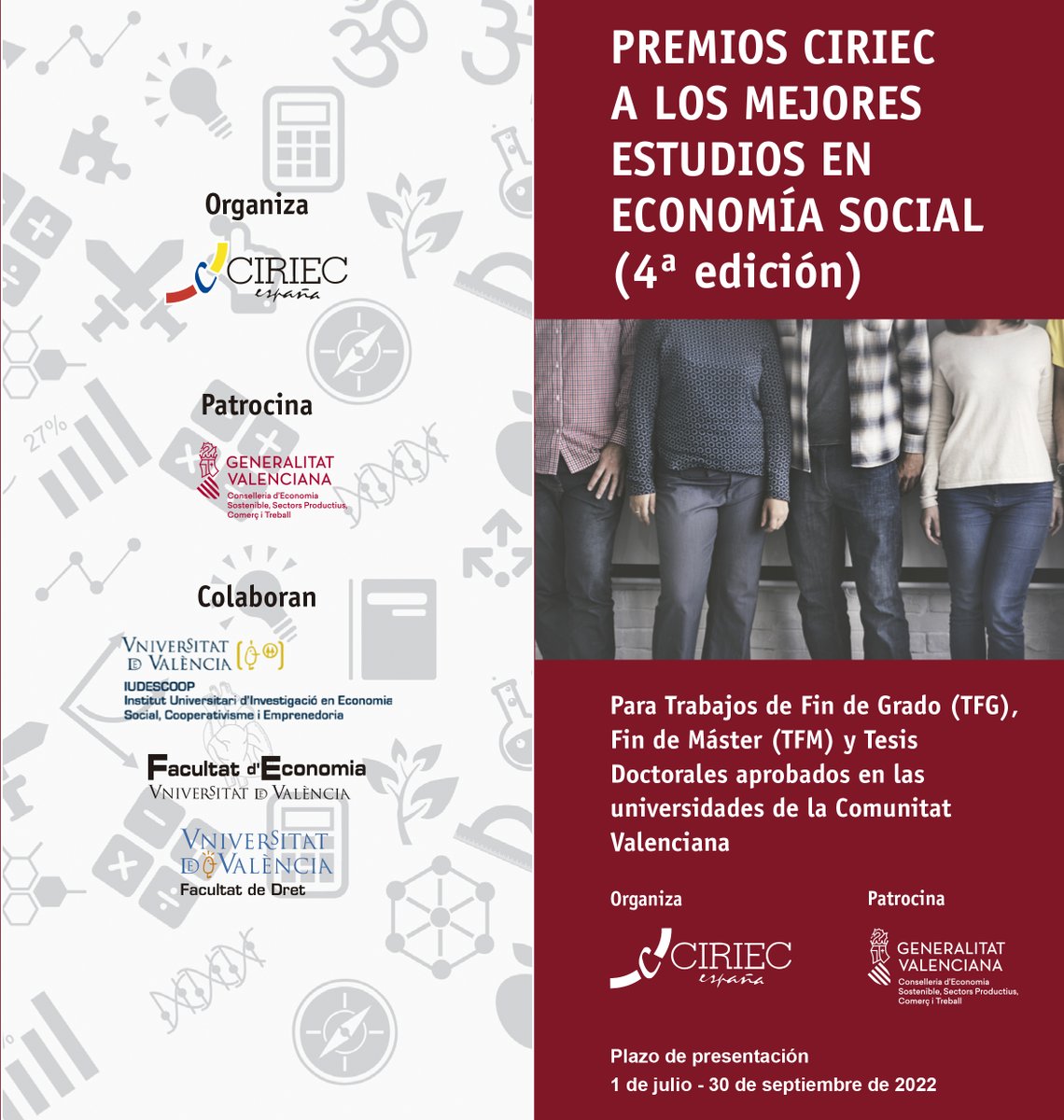 CIRIEC-España (@CIRIEC_Esp) on Twitter photo 2022-09-20 11:45:59 📢Importante: últimos días para presentarse a los IV #PremiosCIRIEC a los mejores #TFG #TFM y #Tesis en #EconomíaSocial defendidos en universidades de la Comunitat Valenciana. Se aceptan candidaturas hasta el 30-sept ❗️ Bases: ciriec.es/wp-content/upl… Patrocina: @GVAeconomia 📢Importante: últimos días para presentarse a los IV #PremiosCIRIEC a los mejores #TFG #TFM y #Tesis en #EconomíaSocial defendidos en universidades de la Comunitat Valenciana. Se aceptan candidaturas hasta el 30-sept ❗️ Bases: ciriec.es/wp-content/upl… Patrocina: @GVAeconomia