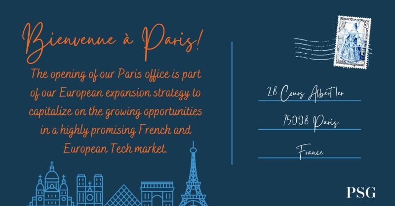 PSG_equity's tweet photo. Bienvenue à Paris! We’re delighted to announce the opening of our new operations office in France! The opening of the #Paris office is part of our European expansion strategy to capitalize on the growing opportunities in a highly promising French and European Tech market.