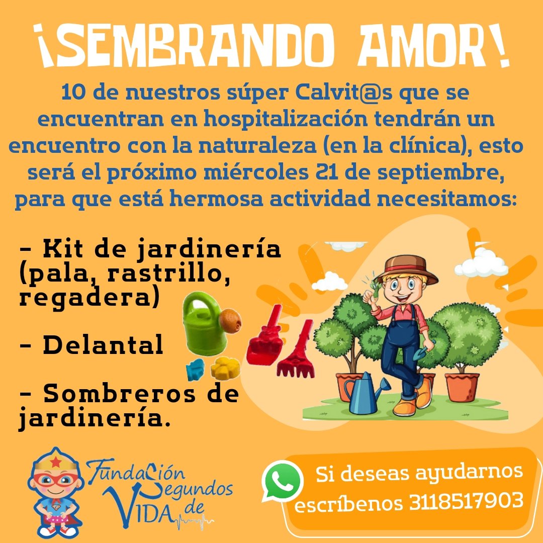 AYUDA
10 de nuestros súper Calvitos pueden tener la oportunidad de vivir un día maravilloso y de conexión con la tierra 🌱, para ello necesitamos de su colaboración.
¿Quién se pone la capa?

#TuLuchaEsMiLucha