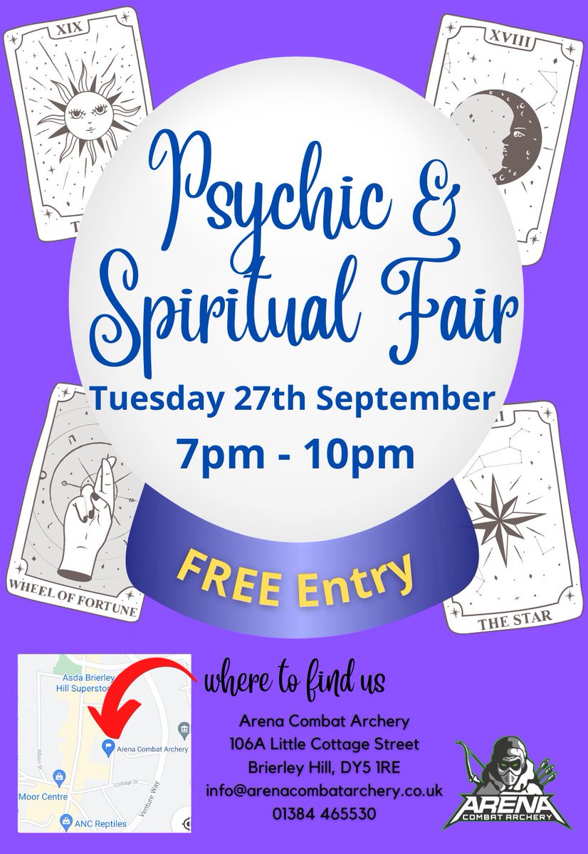 ACArchery's tweet photo. Our next psychic fair is next Tuesday, it's an event not to be missed.
#psychic #psychicfair #psychicmedium #psychicreadings #medium #mediumship #clairvoyant #tarot #palmistry #tarotcards #spirituality #brierleyhill #blackcountry #stourbridge #Dudley https://t.co/FiABtCn6wW