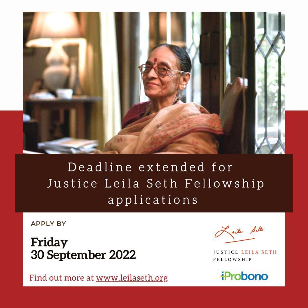 iProbono's tweet photo. Justice Leila Seth Fellowship invites lawyers in India committed to social justice to be a part of an 18-month term with #iProbono.
Deadline for applications has now been extended to 30 September 2022.
Apply now!
#iProbonoIndia #JLSF https://t.co/F0pLYPQ7fC