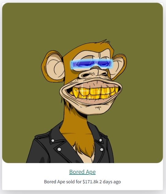 collective_con_'s tweet photo. Biggest NFT sale in the last 24 hours: Bored Ape #5733 was bought for 120 ETH ($172,000).

Someone invested in his gold teeth?

#NFTGiveaways #nfts #сryotonews #nftnews #NFTCommunity #nft #BAYC #Ethereum #eth https://t.co/Pzp714p8jO