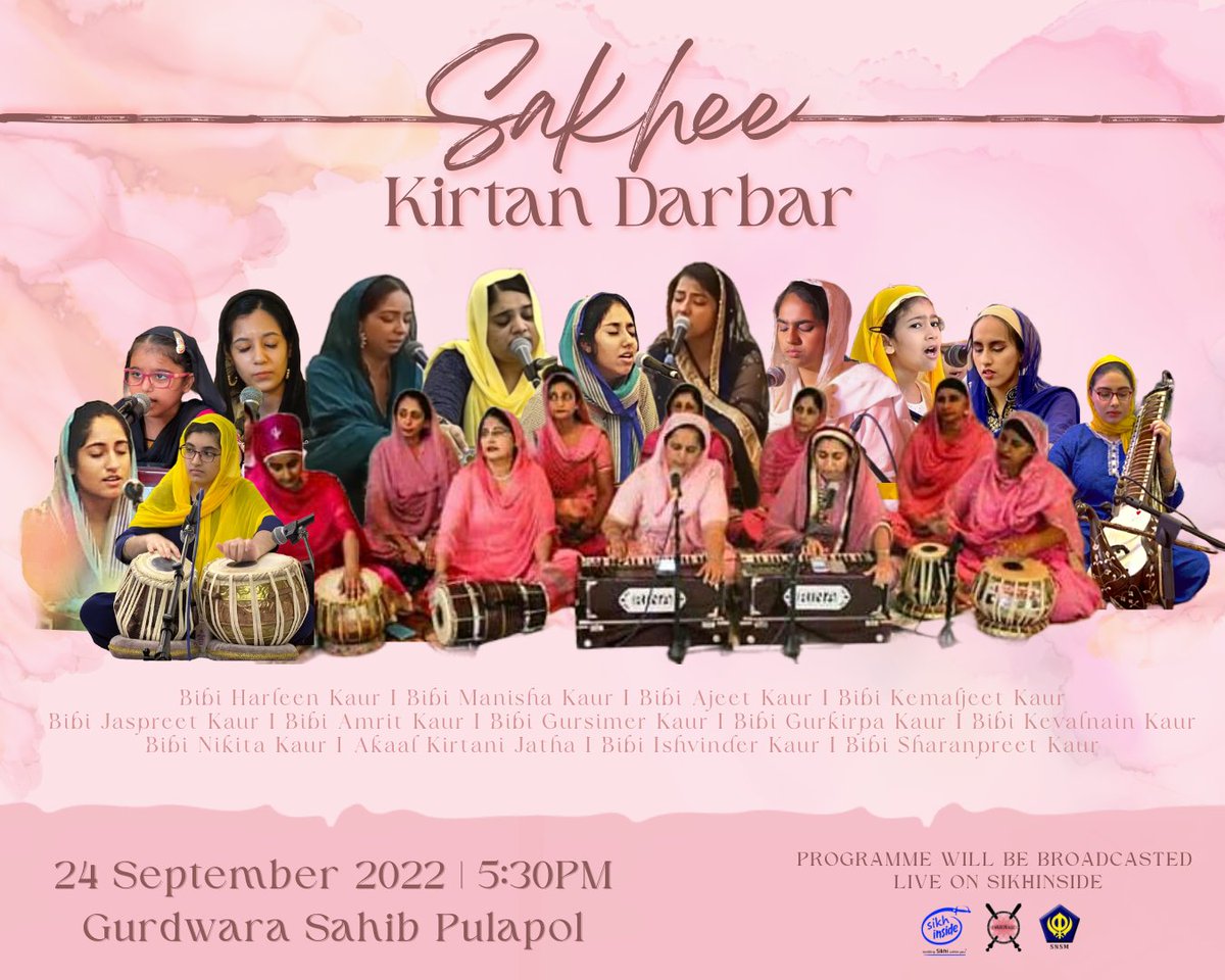 Let’s all come together and sing some baani with the company of our blissful lineup 💕 
Unwind yourselves and feel connected with the love of sweet sisterhood. Join us for Sakhee Kirtan Darbar this Saturday, 24th September 🤍 See you in Pulapol!