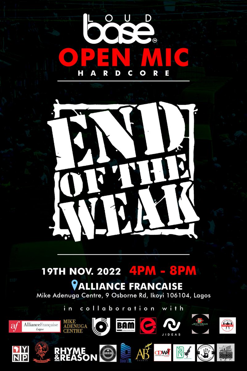 UwakweVictor3's tweet photo. Loudbase - Hip-hop Conference 2022
18th E. O. D. U. B Open Mic
Venue: Alliance Française Mike Adenuga Center.
For participation Contact through this form
https://t.co/9z0XoSmpB1
#danceboost #Hilaryjackson #Loudbaseafent #jextobanfitnesscenter #bamkulture https://t.co/j9LQV2GnUU