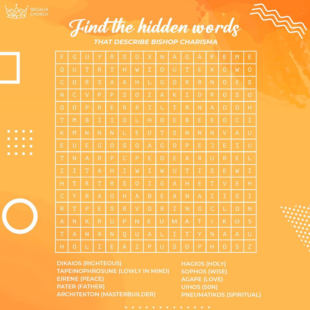 thekingsunion's tweet photo. We start the celebration with this crossword puzzle full of amazing words describing our Father😌.
The hidden words are in Greek. Let’s goo🎉🎉
#Regal22 #foundersweek #RegaliaChurch #bishopcharisma https://t.co/WfQoAGM616
