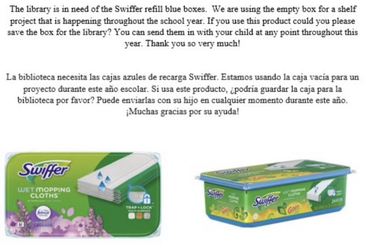 Forever I will be collecting these. They fit perfectly in our everybody cubbies so books can’t hide. Thank you to those who sent them in. Any color, not just blue…. Please send them in when you are done with the container. @Swiffer @timbergroveES