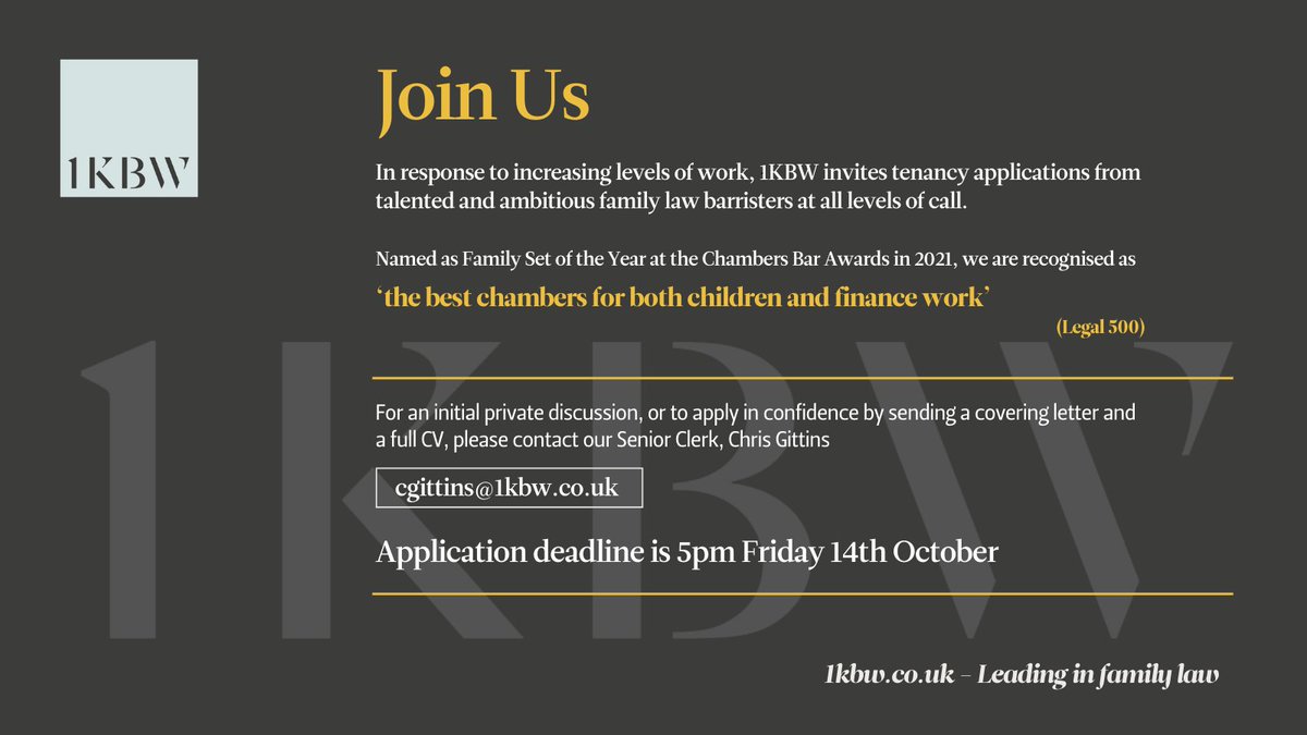 1KBW invites tenancy applications from talented and ambitious family law barristers at all levels of call.