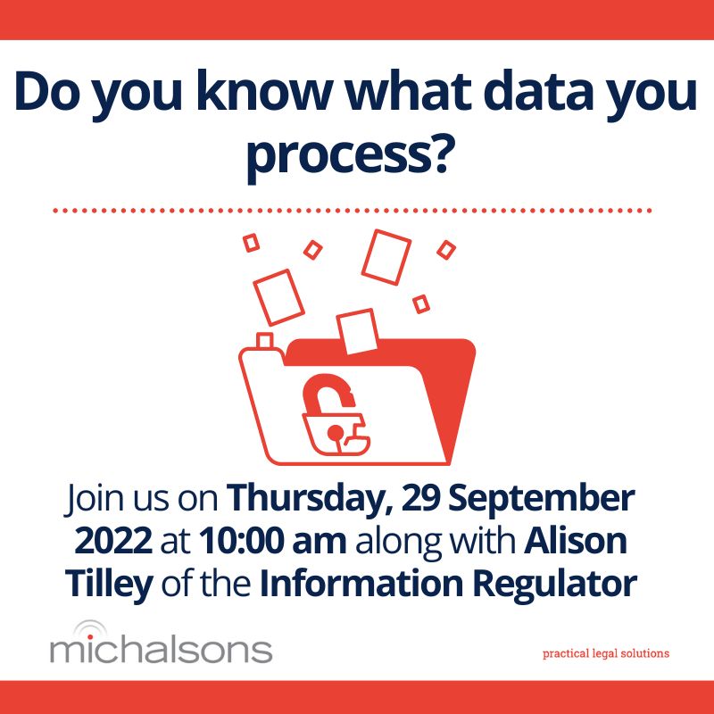 In any organisation, you have to know what data you process in order to understand your processing activities. Join us on 29 September at 10:00 along with Alison Tilley of the Information Regulator to find out why it’s important. michalsons.com/event/webinar-… #data #michalsons