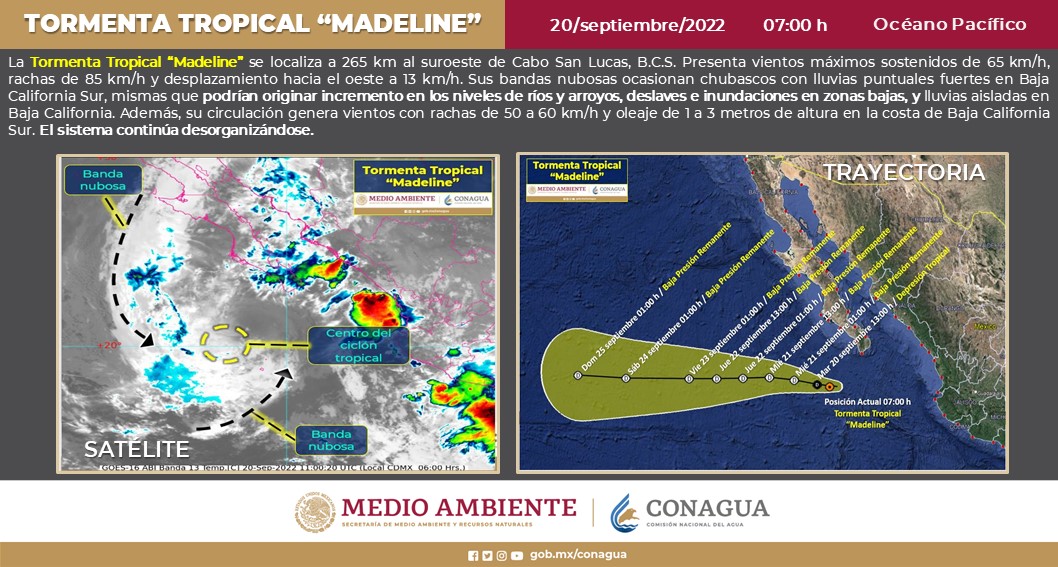 conagua_clima's tweet photo. La #TormentaTropical #Madeline, se localizó a 265 km al suroeste de Cabo San Lucas, #BajaCaliforniaSur. 
https://t.co/VVYNAkgh8w https://t.co/2SO8XsFTT2