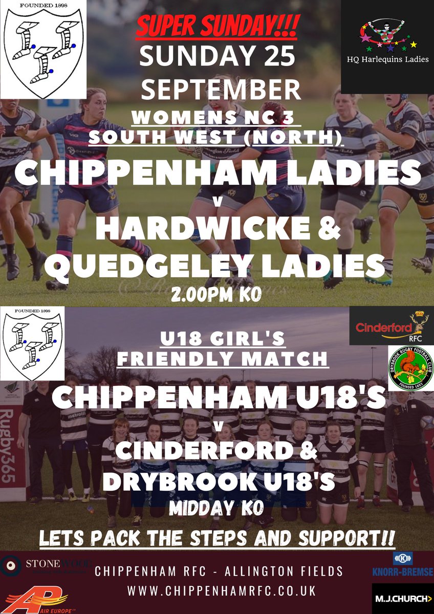 Double-header on Sunday for Chippenham Ladies &amp; <a href="/CRFCgirlsrugby/">Chippenham RFC Girls</a> 

Chippenham U18 Girl's V <a href="/cinderfordrfc/">Cinderford RFC 🌲🏉</a> &amp; <a href="/Drybrook__RFC/">Drybrook RFC</a> U18's at Midday

Chippenham Ladies v <a href="/HQHLadies/">HQHarlequins Ladies RFC</a> at 2.00pm - League Match

Get up to Allington Fields and support YOUR Club!!

#RugbyFamily #Chippenham