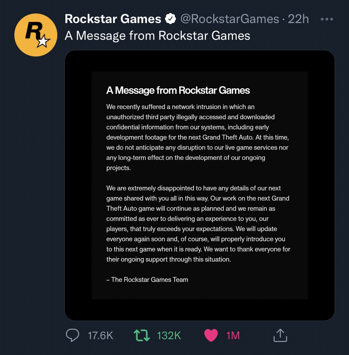 The GTA Base on X: Rockstar Games' message regarding the GTA 6