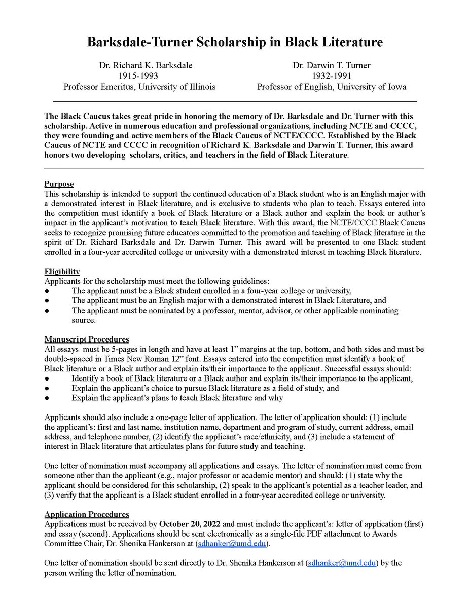 NCTE_CCCC_BC's tweet photo. Do you know a Black student who is an English major with a demonstrated interest in Black literature? Encourage them to apply for the Barksdale-Turner Scholarship. Applications due Oct. 20, 2022. https://t.co/RZH9pzK7Jk