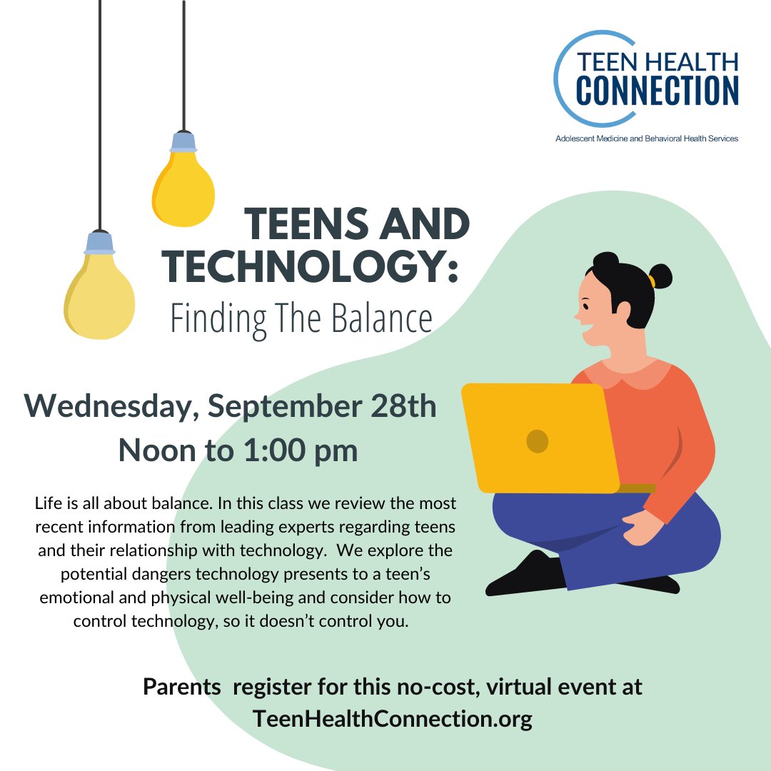 Teens and Technology: Finding the Balance
For more information on parenting resources contact Kris Hawkins, Parent Educator at (704)381-8333 or kris.hawkins@teenhealthconnection.org.  #teens #teenhealth #parentingteens #charlotte #charlotteteen