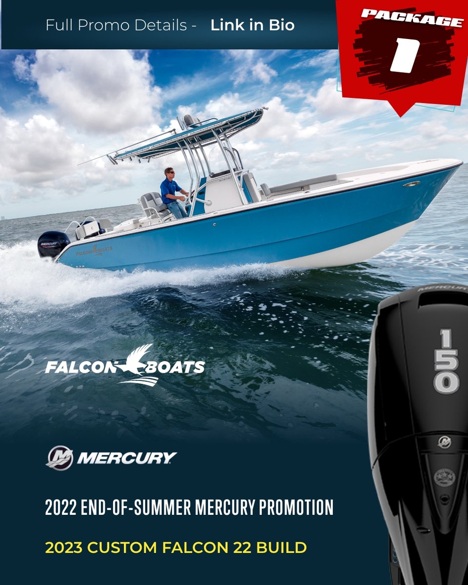 BoatsFalcon's tweet photo. 2022 End-of-Summer Mercury Promotion BLOW-OUT⁠
⁠
This is a MERCURY OUTBOARD PROMOTION subject to current 150 Mercury’s.⁠
⁠
2023 Falcon 22’ CC models⁠
⁠
2023 240 BaD Cat CC models⁠
⁠
*Limited Inventory of Mercury Outboard 150's.⁠

Link in Bio for full details. https://t.co/EAT5JchJdy