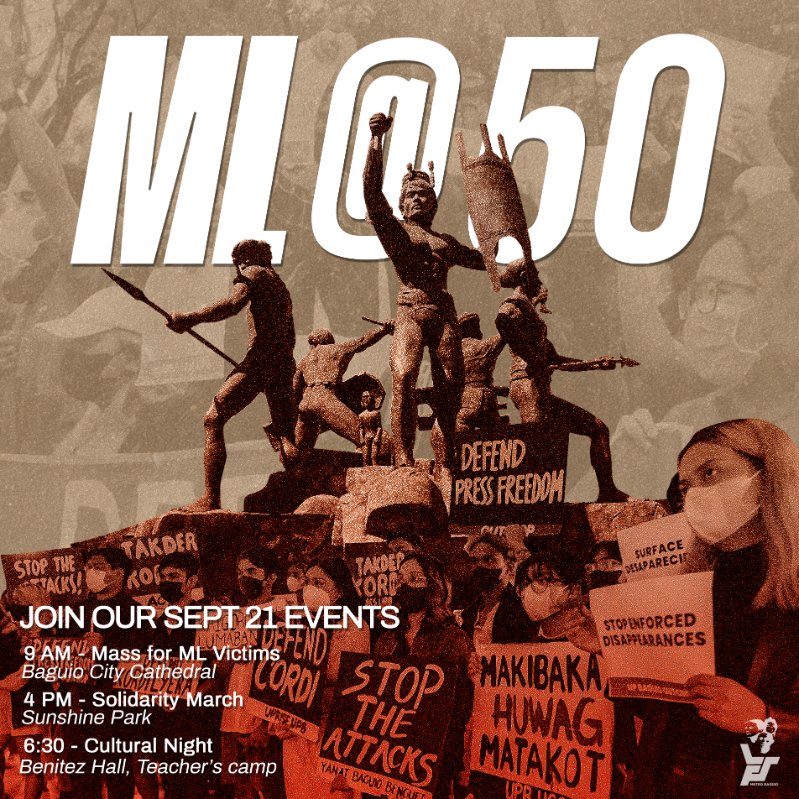 elepsbaguio's tweet image. Limang dekada ang makalipas matapos ideklara ang Martial Law, tila bumabalik tayo sa isa sa madidilim na araw ng kasaysayan – nailuklok muli ang isa pang Marcos at Duterte. [1/4]