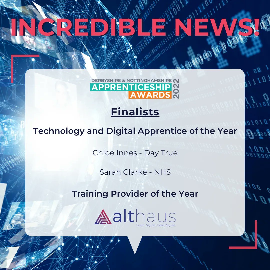 AlthausDigital's tweet photo. Massive Announcement! 🚀🙌

We couldn't be more proud of two of our amazing learners on the program nominated for the Technology and Digital Apprentice of the Year 2022 awards.

#achievement #apprenticeoftheyear #trainingprovider #programmeoftheyear #apprenticeshipawards2022 https://t.co/D88D9D96zl
