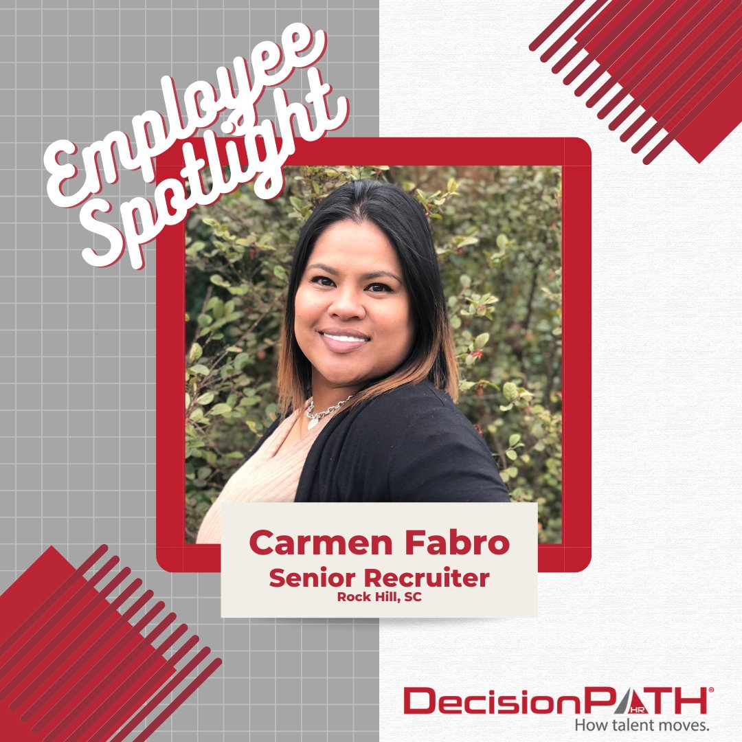 DecisionpathHR's tweet photo. It's time for an Employee Spotlight! 🎇

We are so happy to turn the spotlight on Carmen Fabro, our wonderful Rock Hill, SC Senior Recruiter! 🏆

We appreciate all of your hard work and contributions to the DPHR team.

#employeespotlight #decisionpathhr https://t.co/vPPKYXUiQU