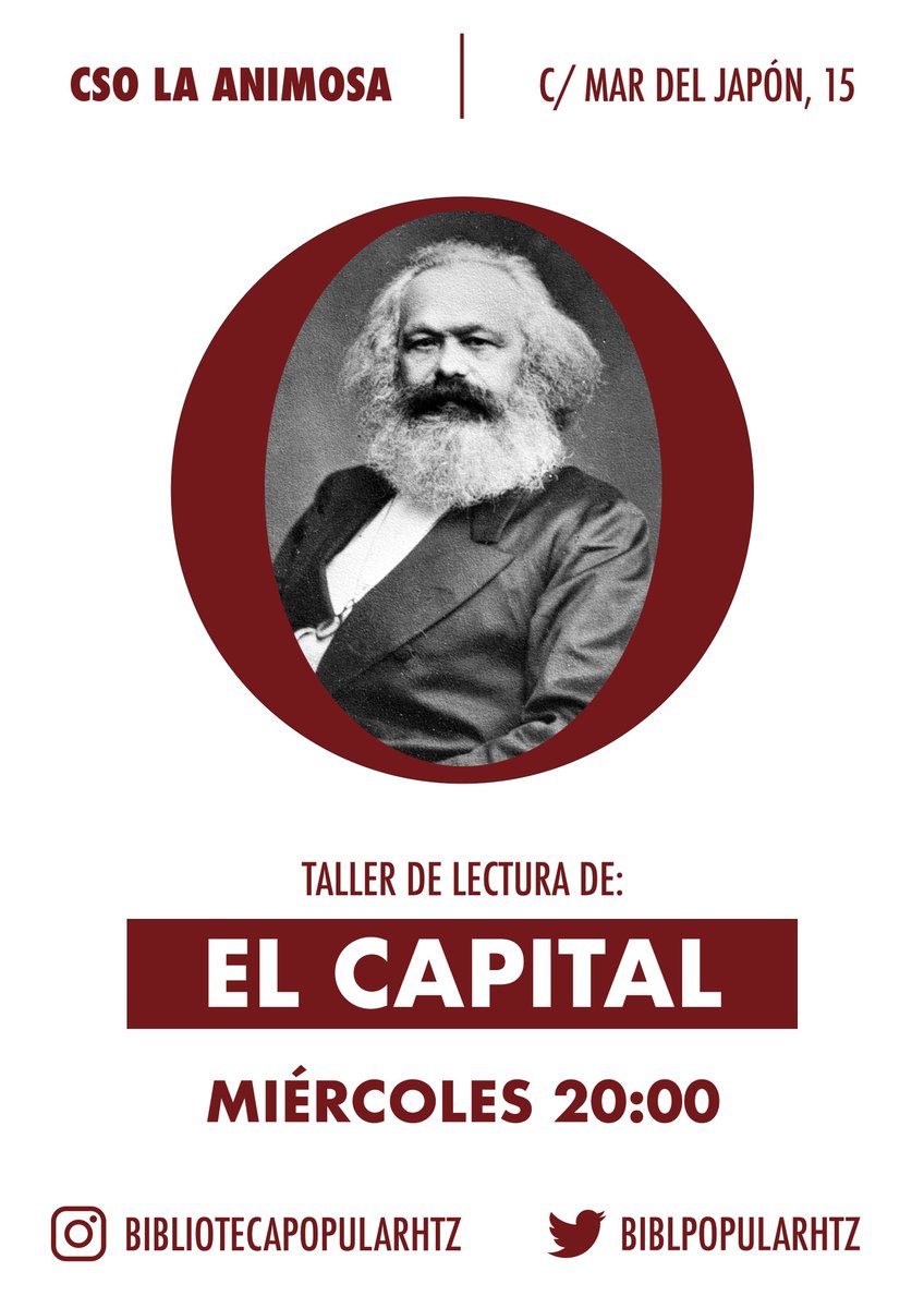 BiblPopularHtz's tweet photo. TALLER DE 𝙀𝙇 𝘾𝘼𝙋𝙄𝙏𝘼𝙇 DE MARX 🚩

Estamos muy contentxs de iniciar este proyecto. Todos los miércoles a las 20:00 nos reuniremos en @CSOLaAnimosa para afrontar colectivamente la lectura de El Capital.

¡Contacta para apuntarte!
Plazas limitadas (por ahora): 15. https://t.co/ep3h3vVdbO