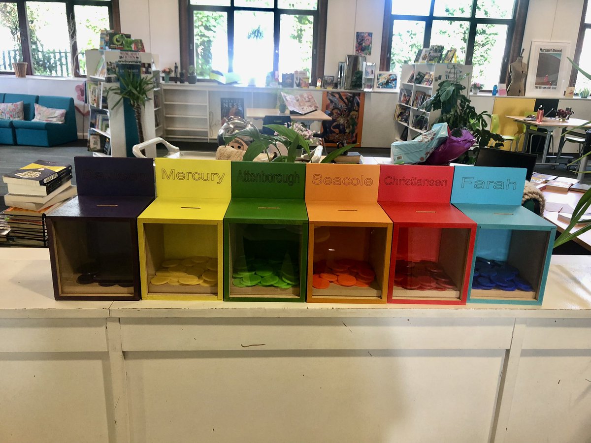 TeachTibbs's tweet photo. @SpringwestA The house points are already adding up in the library! Don’t forget to add a token for every read and returned book 📚 😀 https://t.co/3BkuaNZFvn