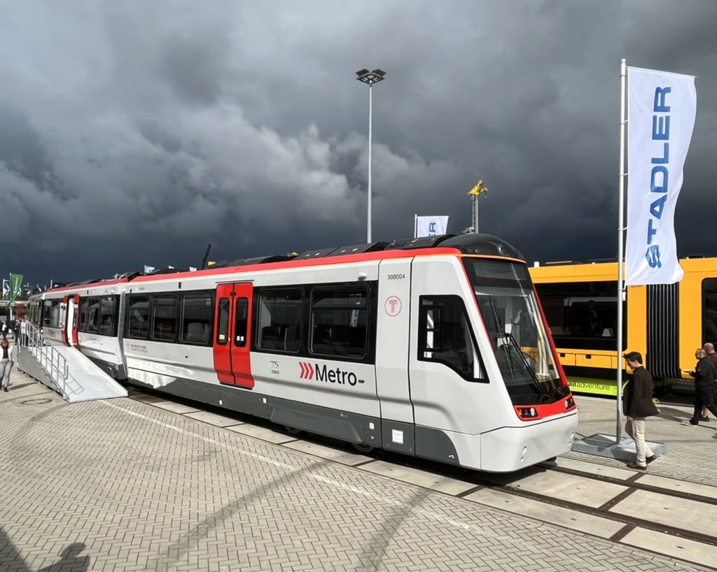 TodaysRailways's tweet photo. Great to be back at the @InnoTrans trade show in Berlin today with three British trains on display. First up is Stadler Citylink bi-mode tram-train 398004 for @tfwrail for the Cardiff Valleys. Three are already at RIDC for testing. Service introduction is expected in 2024. https://t.co/ECOwFsMHox