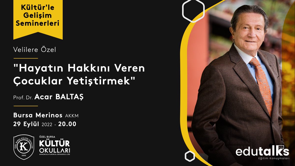 “Kültür'le Gelişim Seminerlerimiz" velilere özel eğitim serisi ile devam ediyor. Prof. Dr. Acar Baltaş 29 Eylül'de velilerimiz ile bir araya gelecek. Özel Bursa Kültür Okulları velisi dışındaki veliler kayıt için linkten başvuru yapabilir. docs.google.com/forms/d/e/1FAI…