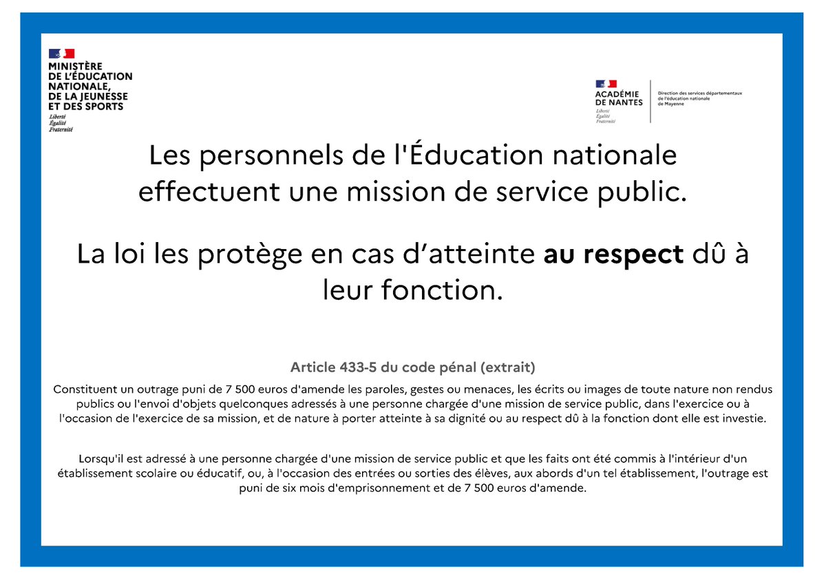 Mieux vaut tard que jamais !
Pour prévenir les violences et incivilités FO a proposé en 2020, la publication d’une affiche à destination de tous les établissements et services de #Mayenne. Elle vient d’être envoyée par l'IA. FO s'en félicite et invite les personnels à s’en saisir