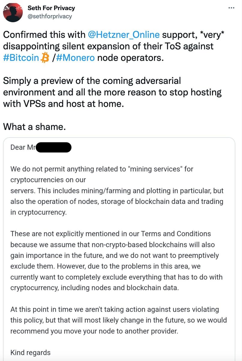 Unfortunately, <a href="/Hetzner_Online/">Hetzner</a> decided to get my Twitter account temp banned for posting the tweet below.

Thankfully the ban is over, but another ridiculous move by Hetzner for their silent coming ban on cryptocurrency software + attempt to suppress public discourse.
