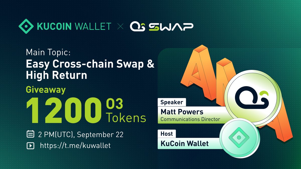 KuCoin Wallet X O3 Swap #AMA🎉 ✨Guest Speaker: Matt Powers, Communications Director 🎁1200 $O3 tokens up for grabs! ⏰2:00 PM (UTC), September 22 📍Telegram: t.me/kuwallet ➤Follow @KuWallet & @O3_Labs ➤Like, RT & Tag 3 ➤Comment your questions👇