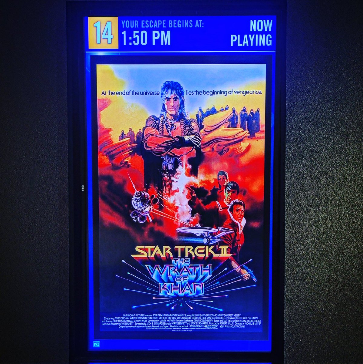 TeddyWilson's tweet photo. What a cinematic #ScienceFiction treat to see #StarTrek2 #TheWrathOfKhan on the big screen! 40yr since initial theatrical release & holds up! Fantastic πππ
#KobayashiMaru #SSBotanyBay #Khan #KhanNoonienSingh #StarTrekTheWrathOfKhan #scifimovies @CineplexMovies π¬ π π₯ π¦ π½ https://t.co/nY1JmdnTrs